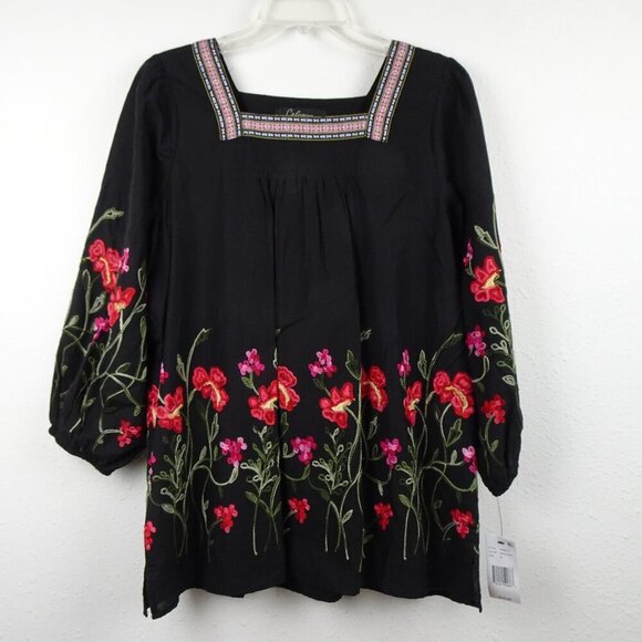 Calessa Embroidered Tunic Top Women's Size M Black Baby Doll Flowy Lined Boho - Picture 1 of 11